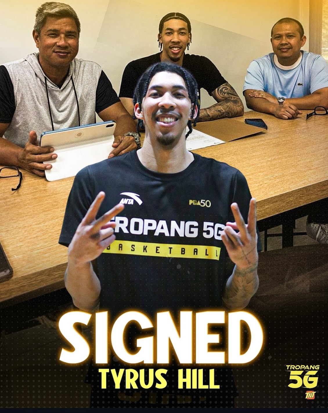 Tyrus Hill contract signing with TNT team manager Jojo Lastimosa and manager Marvin Espiritu